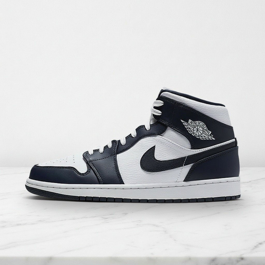 Buty Air Jordan 1 Mid Obsidian White na co dzień, unisex, skórzane, wygodna amortyzacja Air, biało granatowe 554724-174