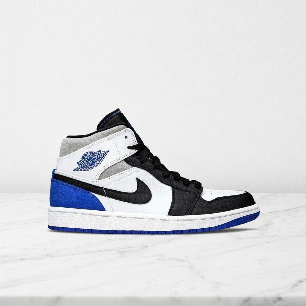 Buty Air Jordan 1 Mid SE, wygodne na co dzień dla niego i dla niej, biało-niebieskie z czarnym noskiem, skóra i zamsz, 852542-102