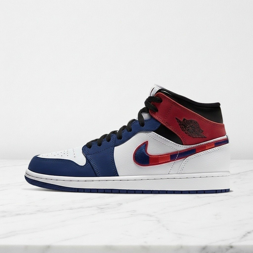 Buty Air Jordan 1 Mid SE na co dzień, wygodna amortyzacja pięty, biało niebieskie, sneakersy unisex 852542-146