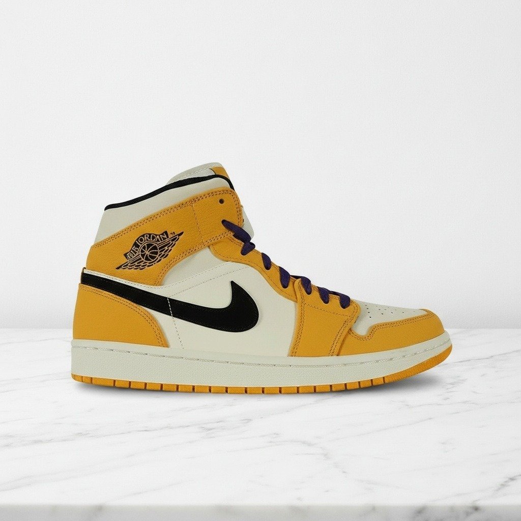 Buty Air Jordan 1 Mid Lakers Gold na co dzień, unisex, żółto-białe, skórzane, wygodna amortyzacja, 852542-700