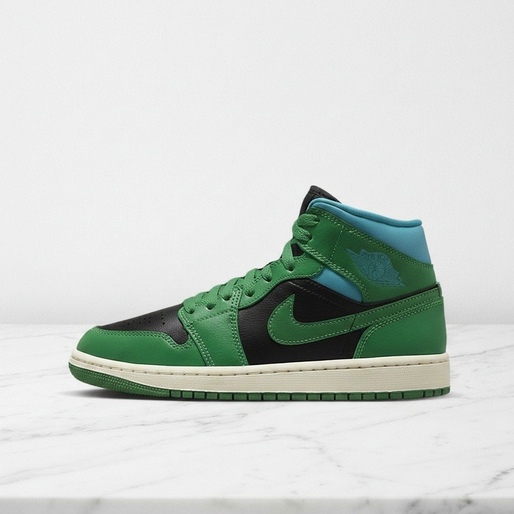 Buty Air Jordan 1 Mid Lucky Green Aquatone, zielono czarne sneakersy unisex na co dzień, skórzana cholewka, BQ6472-033