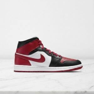 Buty Air Jordan 1 Mid Bred Toe na co dzień, damskie, wygodne skórzane sneakersy czarno-czerwone, BQ6472-079