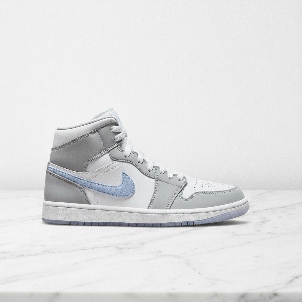 Buty Air Jordan 1 Mid Wolf Grey Aluminum na co dzień, unisex, wygodny wyściełany kołnierz, biało szare, BQ6472-105