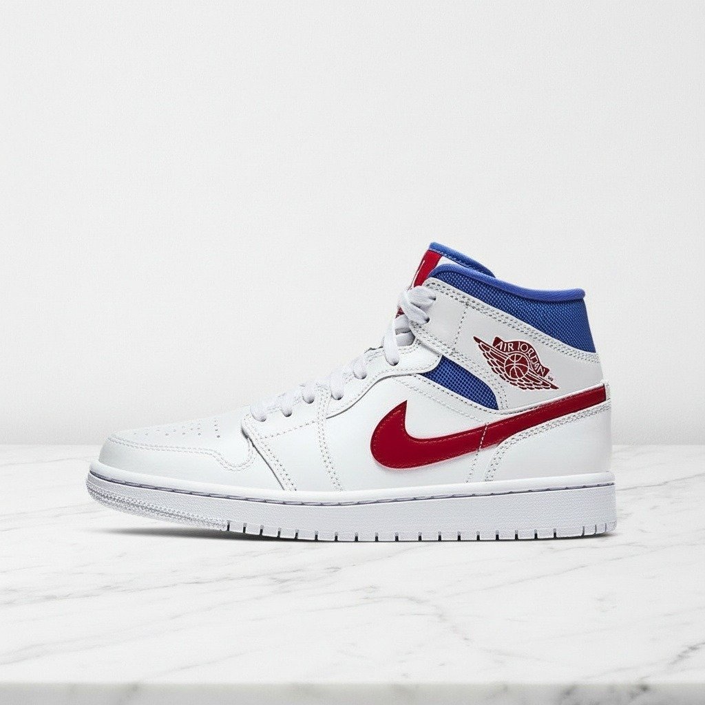 Buty Air Jordan 1 Mid White Red Royal na co dzień, unisex, wygodny kołnierz, biało czerwono niebieskie BQ6472-164