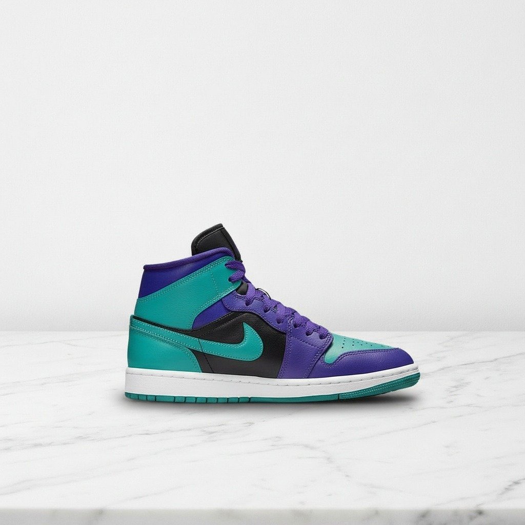 Chcesz fioletowych sneakersów na co dzień, sprawdź Air Jordan 1 Mid Black Grape, męskie, skórzane, retro styl lat 90, BQ6472-502