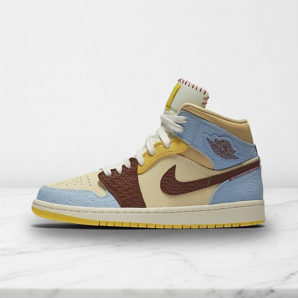 Buty Air Jordan 1 Mid Fearless Pale Vanilla na co dzień, unisex, wygodne, beżowo-błękitne, skóra i zamsz, CU2803-200