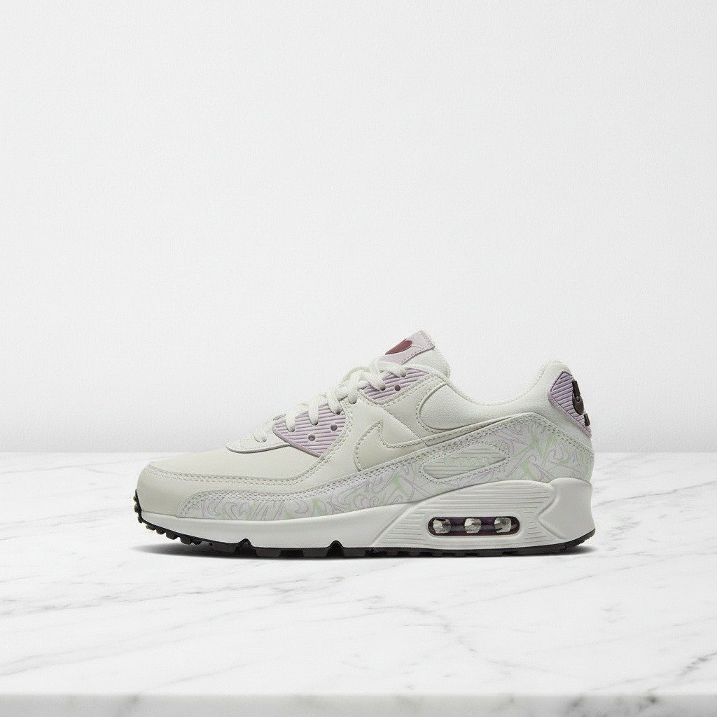 Nike Air Max 90 Valentines Day, damskie sneakersy na co dzień, biało-różowe, wygodna skóra i tkanina, serduszko na języku, CI7395-100