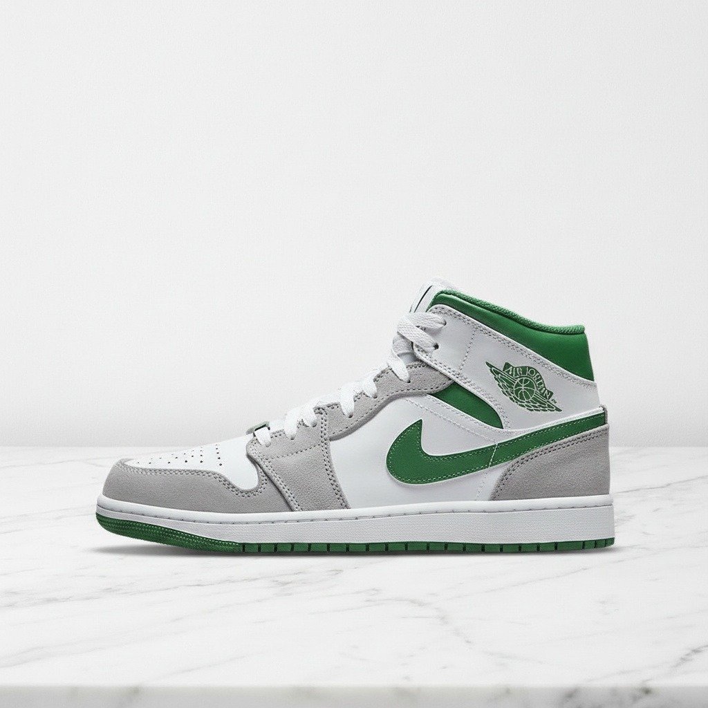Buty Air Jordan 1 Mid SE dla niego i dla niej, biało zielone, wygodne na co dzień, skóra i zamsz, DC7294-103