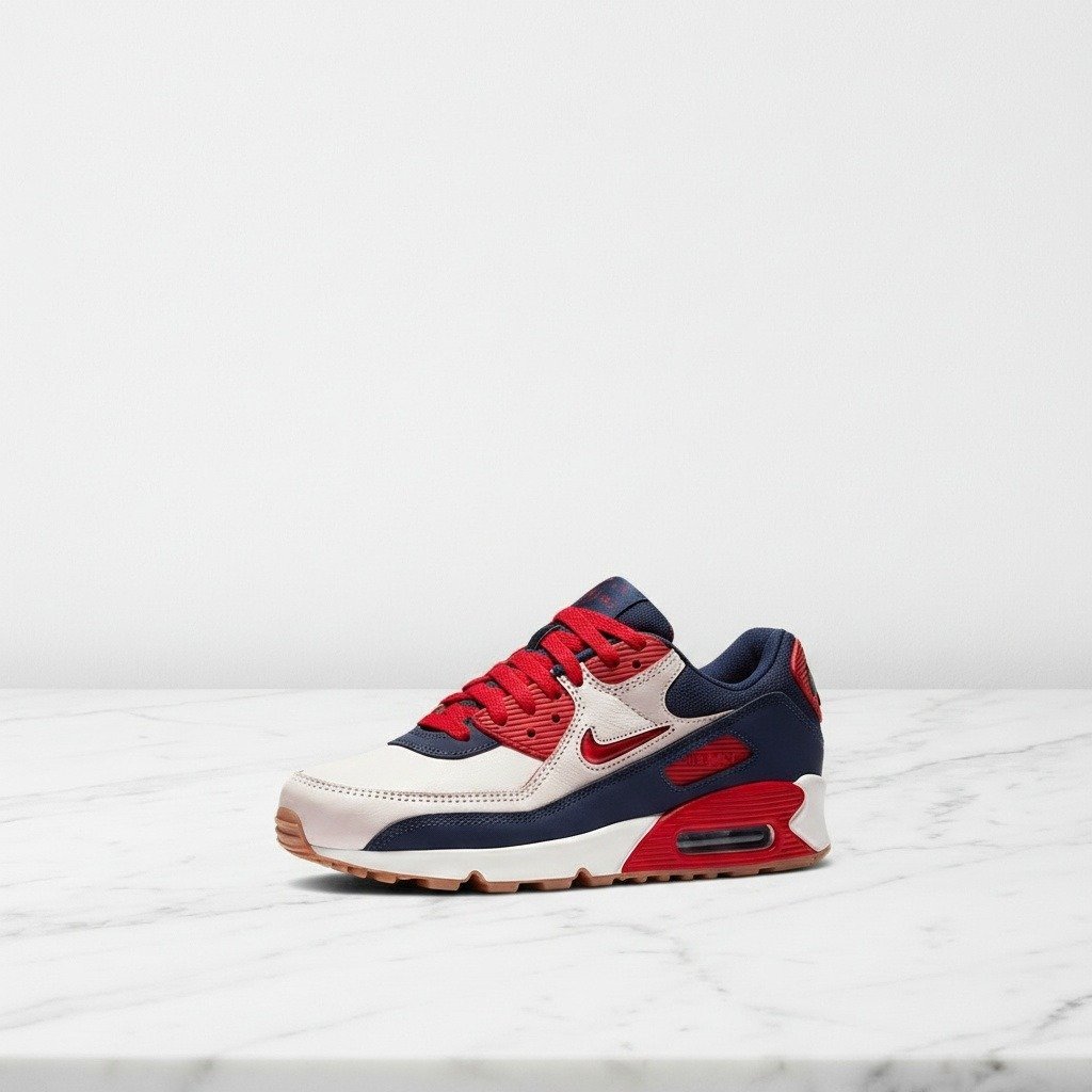 Buty Nike Air Max 90 Home & Away Red, wygodne sneakersy unisex na co dzień, biel z czerwienią i granatem, amortyzacja Max Air, CJ0611-101