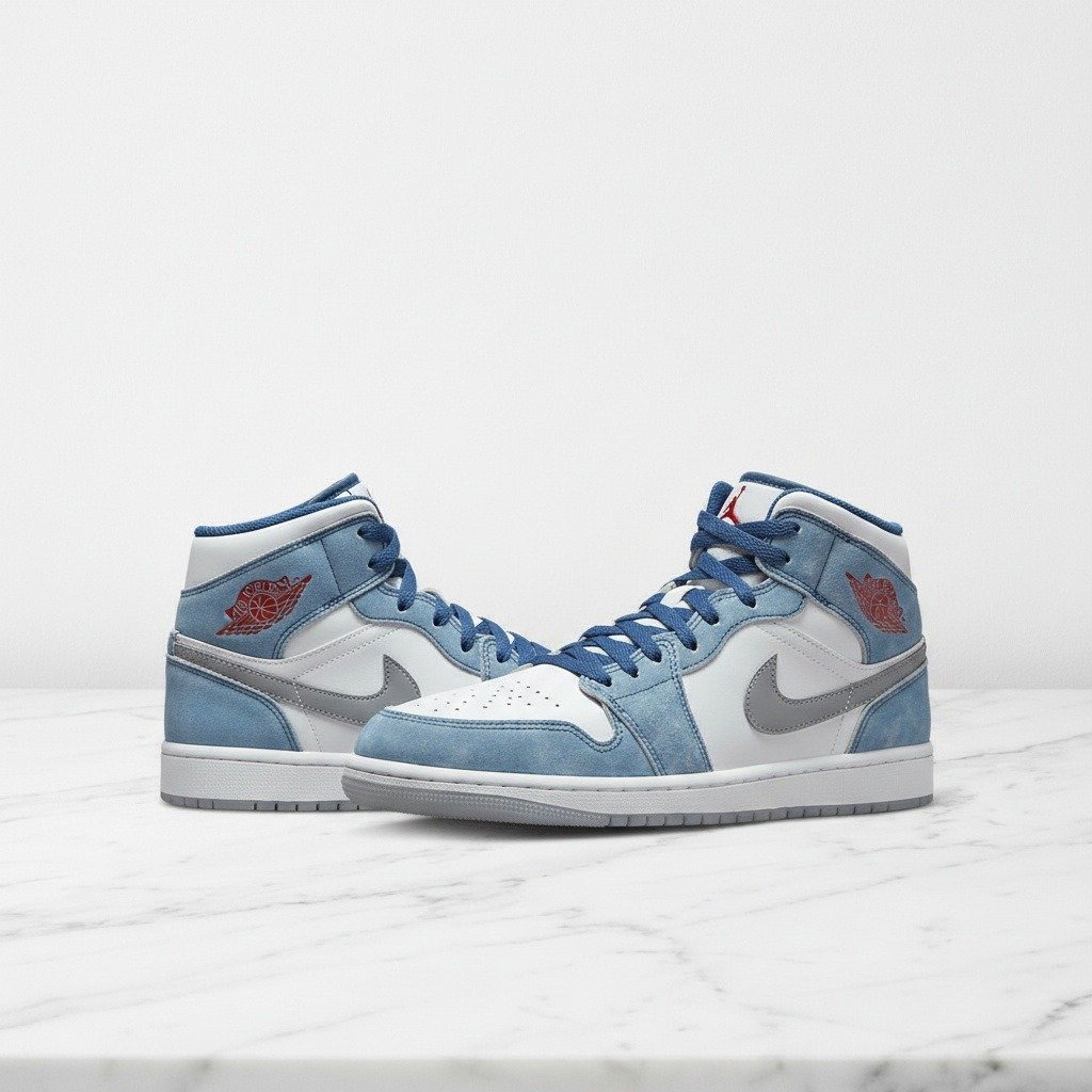 Buty Air Jordan 1 Mid French Blue na co dzień, unisex, wygodny mid-top, zamsz i skóra, błękit z bielą, DN3706-401
