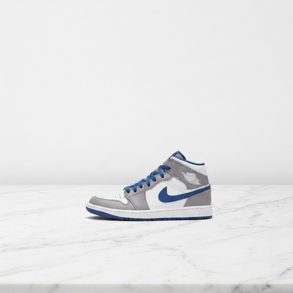 Buty Jordan 1 Mid Cement Grey True Blue na co dzień, unisex, wygodne, skórzane, szaro-niebieskie DQ8426-014